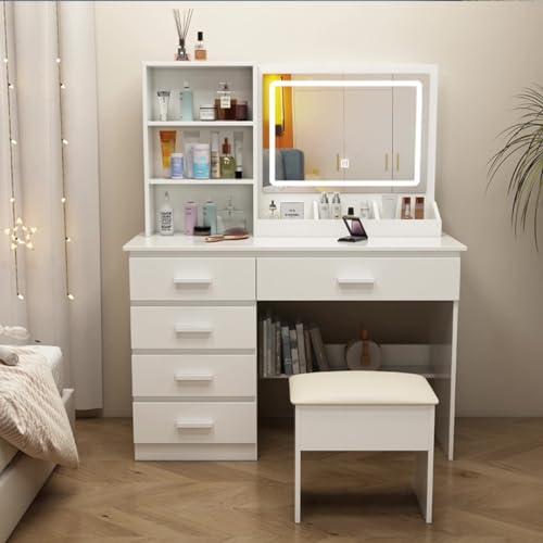 Recamara, Home Improvement Tocador,Tocador de Maquillaje con Luces de Espejo, Vanity Tocador con 5 Cajones,Estantes de Almacenamiento,Taburete Acolchado, Tocador con 3 Estantes, Mesa de...