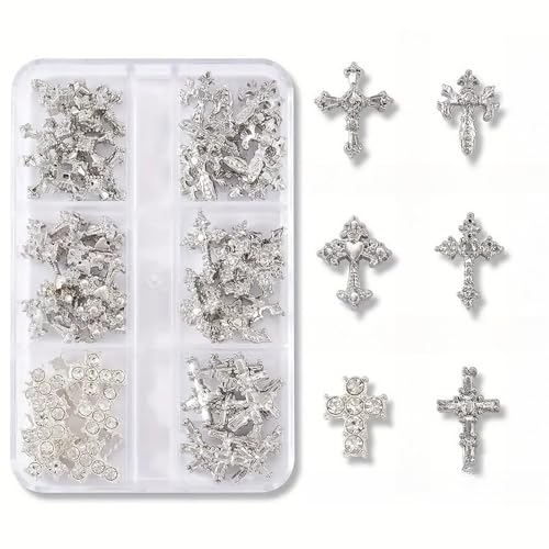 3D Cross Nail Charms for Nail Art 60 Pcs Metal Crystal Cross Nail Decorations Alloy Nail Studs and Rhinestones for Women Girl DIY Jewelry Crafts Supplies (Silver)