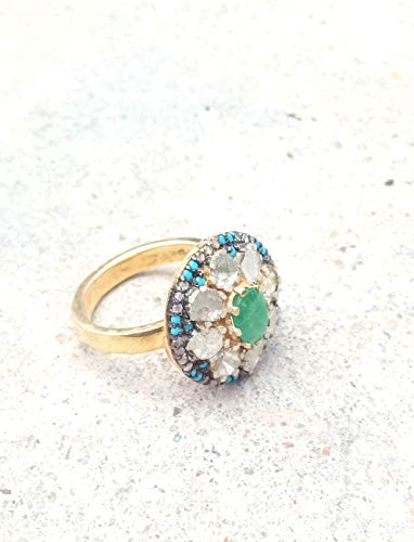 Natural Rose Cut Diamond Ring Solid 925 Sterling Silver Ring Handmade Ring Gemstone Ring Emerald Ring Polki Diamond Ring R-1650