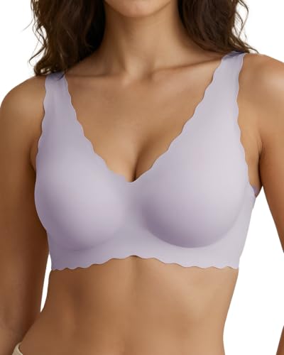 Image of Ubras Deep V Seamless Bras for Women Scalloped Wireless Bralette Comfortable Soft Everyday Sleep Bras Smart Size