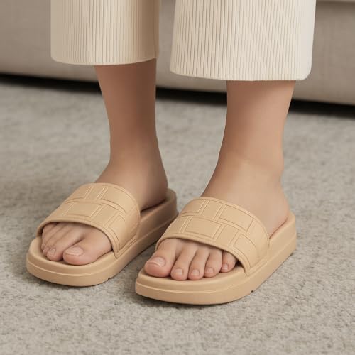 Romba Women's Checkered Slippers Lightweight Comfortable Slip Resistant Home Beach Slippers Beige, 38 EU