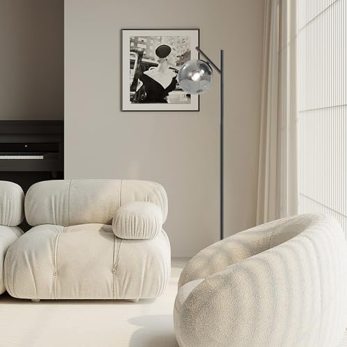 Image of Mid Century Floor Lamp for Living Room Moderm Tall Standing Lamp with Frosted Glass Globe Shades Contemporary Brass Freestanding Lamp for Office Bedroom (Black-Smoky Gray)