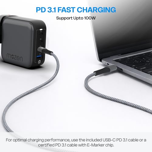 Image of MOZEN by Amkette GaN3 100W PD 3.1 GaN Charger & Cable, 4 Ports- 3 Type C & 1 USB A, Laptop Charger Type C: MacBook, Dell, HP, ASUS & Smartphone, Detachable Travel Plug, Power Split & Multilayer Safety