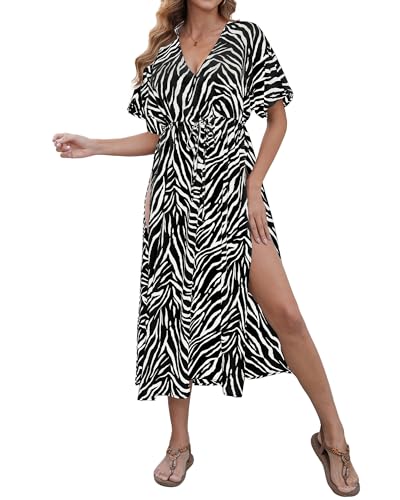 Bsubseach Swimsuit Cover Up for Women Deep V Neck Short Sleeve Beach Dress Zebra Print Side High Slit Kaftan Summer Beachwear