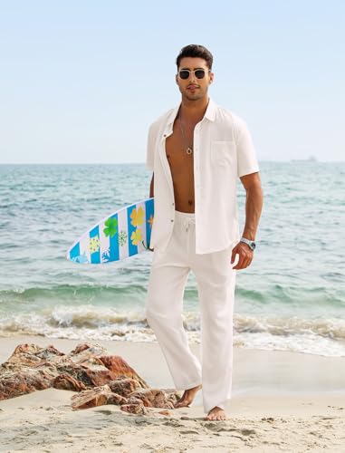 EISHOPEER Men's Linen Sets 3 Pieces Casual Button Down Cotton Linen Shirt and Long Pants Set Beach Outfits with Hats S-3XL4