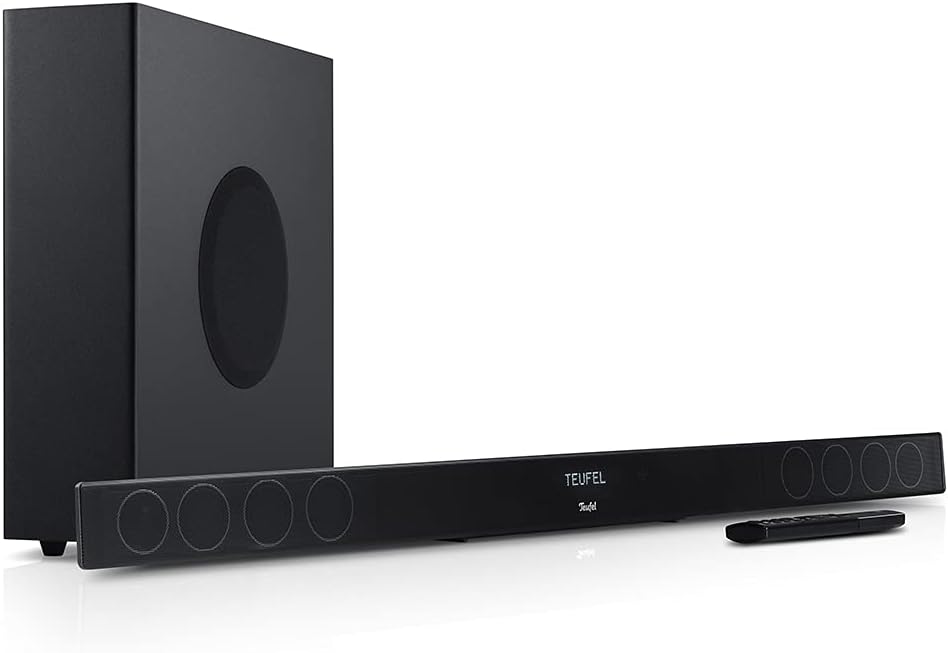 Teufel Cinebar Lux Surround Ambition 5.1 - Soundbar con altoparlante posteriore attivo senza fili, subwoofer, Dolby Audio, WLAN, Bluetooth, Multiroom, 4K Pass-Through, HDMI 3D ARC CEC – bianco