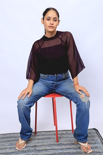 Image of Women's High Neck Sheer Sleeve Top, Light Blue, Oversized Fit, Summer Style