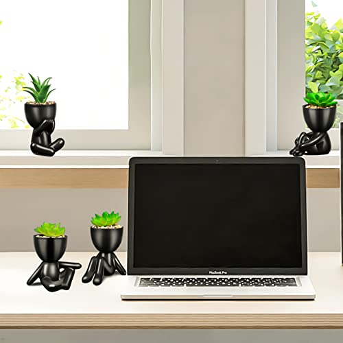 Semsoiio 4Pcs Fake Succulent, Mini Succulents Plants Artificial In Black Modern Human Shaped Ceramic Pots,Cute Faux Plant Desk Decor Desk Plant For Office Decor For Women, Fake Plants Bathroom Decor #TOP4