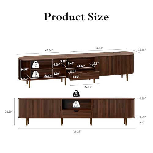 Image of DHH 95.2 inch Fluted TV Stand with Power Outlet for TVs up to 100 inch, TV Console with Adjustable Shelves and Sliding Door,Mid Century Modern Entertainment Center for Living Room,Bedroom (Walnut)