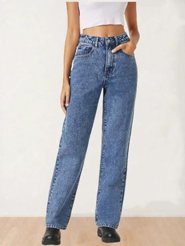 Image of KOTTY Women's High Waist Denim Jeans | Straight, Relaxed & Wide Leg Fit | Light Blue, Dark Blue & Black | Casual Regular Length Fashion Wear