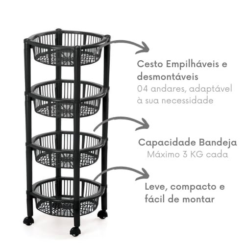 Fruteira Cesto De Frutas 4 Andares Reforçado Com Rodinha Redondo