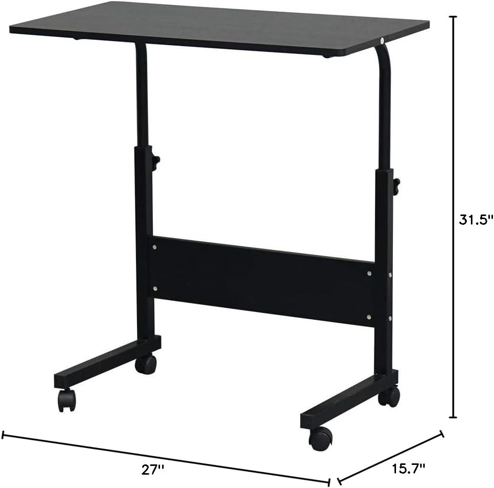 Yunome Side Mobile Table 31.5 inch Computer Desk with Wheels Height Adjustable Rolling Potable Laptop Cart, C-Shaped Bed Couch End Tables with Edge Stopper for Living Room Bedroom (Black)