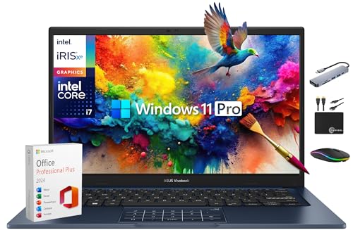 ASUS Vivobook Laptop Business 2025-2026, Lifetime Office, AI-Powered Computer, 14' FHD Display, 10-Core Intel i7-1355U, 24GB RAM, 1TB Storage (500GB SSD + 500GB Ext), MarxsolAccessory, Win 11 Pro