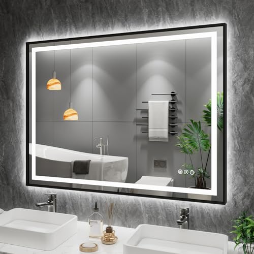 Amorho 48" X36" LED Bathroom Mirror with Black Frame, Front