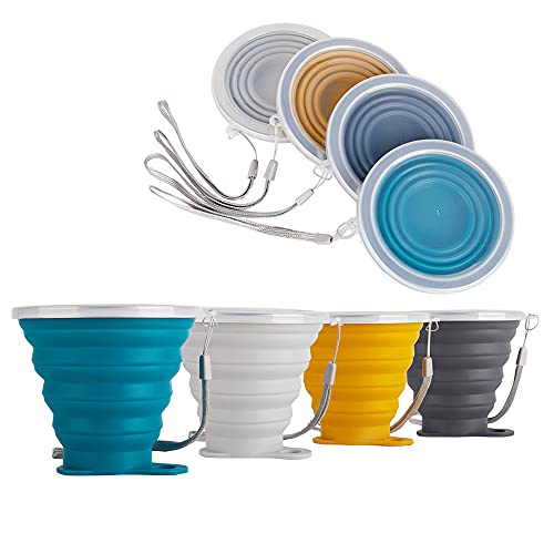 LYY Faltbarer Becher, zusammenklappbare Silikonbecher mit Kunststoffverschlussdeckel Wiederverwendbares tragbares Becherset für Picknick, Camping, Outdoor-Wanderreisen(4 Colors , white) Cover