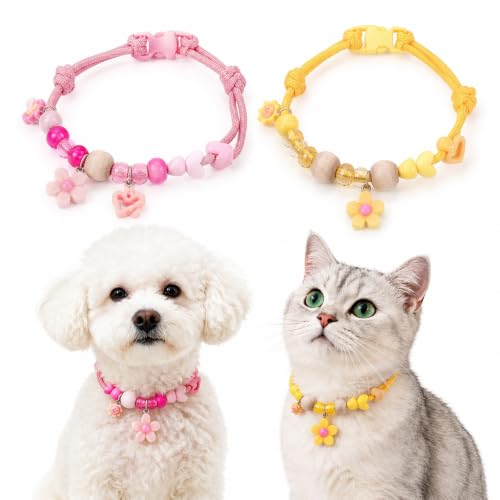 Image of Cat Collar with Bell, Adjustable Soft Fabric Kitten Collar with Quick Release Buckle, Cute Floral Charm Neck Belt for Cats, Comfortable Pet Accessories for Indoor Outdoor Use (Pink and yellow)