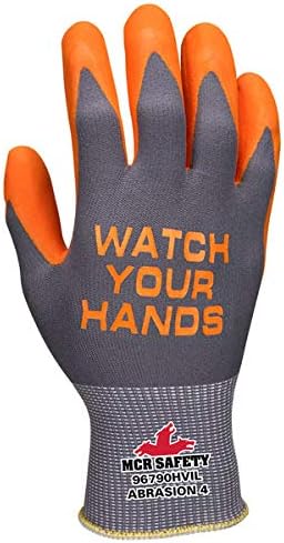 MCR Safety 96790HVI, Hi-Vis Work Glove, Nylon Shell, Breathable Nitrile Foam Coated, Knit Wrist, ANSI Abrasion Level 4, 12 Pair Pack, XL