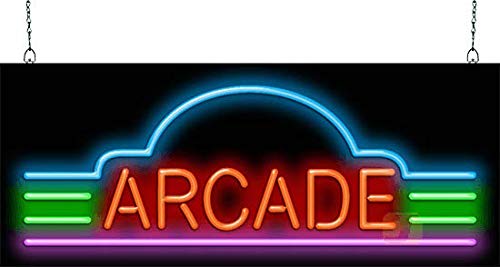 Arcade Neon Sign - Large Size - 32" wide x 13" high - Real, Quality Hand Bent Neon Sign - Red Letters with Blue, Green, & Purple Accent Lines - GRZ-30-02
