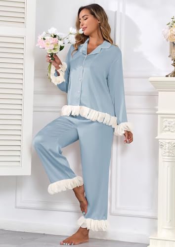 Image of Brosloth Womens Silk Pajamas Set Long Sleeve Satin Button Up Sleepwear | Cute Soft Fall Pjs Sets, Lace 2 Piece Lounge Set, Elegant Bridesmaid Pajama, Skin Friendly Sleepwear for Wedding, Honeymoon