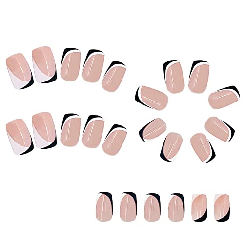 French Tip Press On Nails, Short Square Fake Nails Black White Nail Tips Full Cover False Nails With Design Nude Acrylic Nails French Artificial Nails Glossy Stripes Stick On Nails For Women 24 Pcs #TOP1