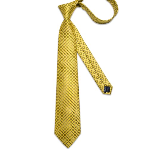 Image of DiBanGu Mens Yellow Plaid Tie Woven Checkered Necktie with Pocket Square Cufflinks Sets in Gift Box Party