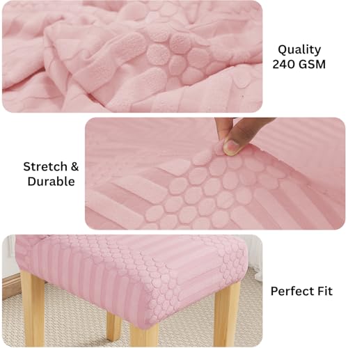 Image of Lukzer Elastic Dining Chair Cover - 6PC Pastel Pink Dotted Stripe | Textured High Stretch Jacquard Seat Cover | Removable Washable Short Dining Chair Cover Protector Seat Slipcover | (CC-068-06)