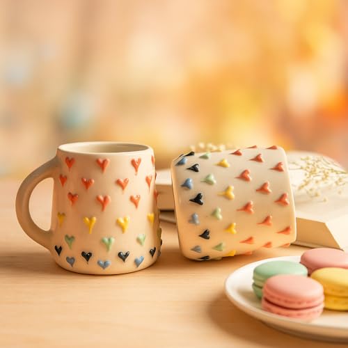 Image of The Deluxe Creations Heart Embossed Ceramic Coffee Mug Set of 2 - 280ml Handcrafted Cups | 3D Design | Aesthetic Tea & Coffee Mugs | Diwali Gift (Colorful Heart-Embossed Mugs)