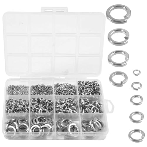 LEONTOOL 1000 Pcs Spring Lock Washers Assortment Kit Metric Split Lock Washer Set for Fasteners Hardware Repair 304 Stainless Steel Locks Washers for Screws Bolts M2 M2.5 M3 M4 M5 M6 M8 M10 M12