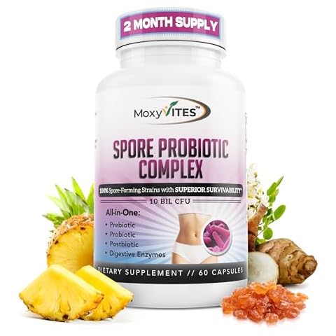 MoxyVites Spore Probiotic Complex - All In One Prebiotics and Probiotics for Digestive Health, Postbiotic, Digestive Enzymes Daily Supplement - Spore Based Probiotic for Women & Men Cover