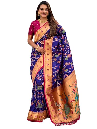Pandadi Saree Soft Silk Paithani Woven Zari work Blue Saree With Unstitched Blouse Piece