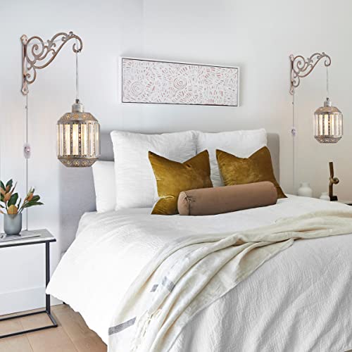 Image of Boho White Lantern Wall Lights with Plug in Cord, Farmhouse Rustic Wall Sconces Plug in Hanging Lamps for Bedside Bedrooms Living Room 2PK