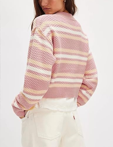 Zontroldy Womens 2025 Spring Fall Casual Cropped Cardigan Button Front Solid Color Striped Long Sleeve Tops Sweaters4