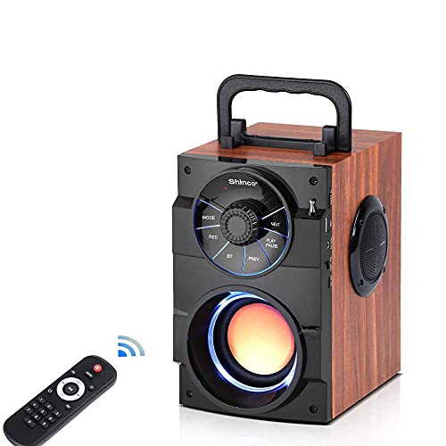 Shinco Haut-parleur Bluetooth portable avec radio FM, entrée ligne, carte TF USB, télécommande, lumière LED, basses riches et puissantes, son stéréo, idéal pour la maison et le voyage Cover