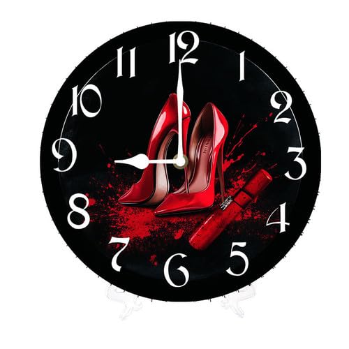 YJIANKANGZ High Heels Lipstick 10 inch Silent Non-Ticking Round Wooden Wall Clocks Battery Operated Quartz Analog Handing Clock for Bedroom Bathroom