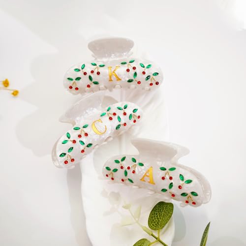 Image of Initial Cherry Hair Clips for Women - Letter Elegant Hair Claw Clips, Cherry Pattern Fashion Claw Clips With Rhinestones, Birthday Gifts for Women, Letter A