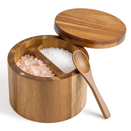 Acacia Wood Salt and Pepper Box with Built in Spoon and Magnetic Swivel 2 Compartments Salt Pigs for Kitchen Salt Holder Spice Cooking Seasonings Keeper for Herb Sugar Pepper Round(Brown)