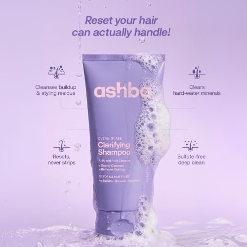 Image of Ashba Botanics Clarifying Shampoo for Curly, Wavy, Frizzy & Dry Hair | Sulfate-Free Deep Cleansing Shampoo | Removes Product Buildup & Hard Water Minerals | With Vitamin C, AHA Fruit Acids & Trehalose | 200ml