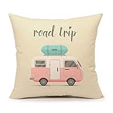 4TH Emotion Happy Camper Pillow Cover Retro Rv Decorative Throw Cushion Case 18 x 18 Inch Cotton Linen(Road Trip)