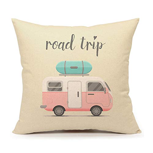 4TH Emotion Happy Camper Pillow Cover Retro Rv Decorative Throw Cushion Case 18 x 18 Inch Cotton Linen(Road Trip)