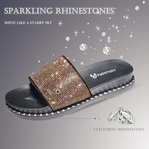 Image of Fur Story Womens Slides House Slippers Rhinestone Glitter Slides Cute bling Flat for Women Platform Sandals Cozy Bedroom Slippers Shower Shoes