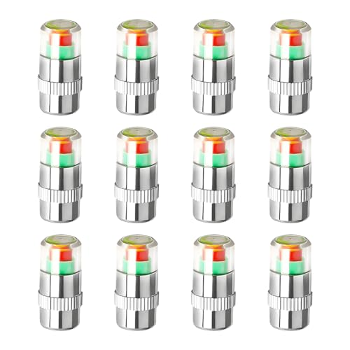 Image of 12 PCS Tire Pressure Monitor Valve Stem Caps, 2.4 Bar 36PSI Pressure Monitor Stem Covers with 3-Color Eye Alert, Easy to Read Sensor Indicator Tire Valve Cap for Most Cars (Silver)