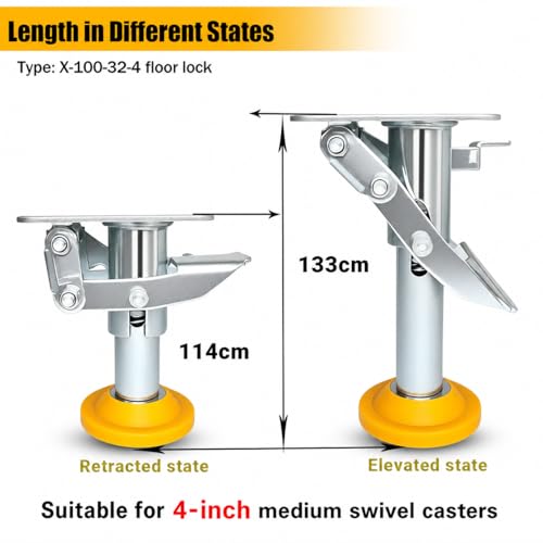 Image of Floor Lock, Adjustable Height Trolley Brake Lock, Manganese Steel 100kg Bearing Trolley Cart Lock with TPU Pad for 4 in Casters(X-100-32-4)