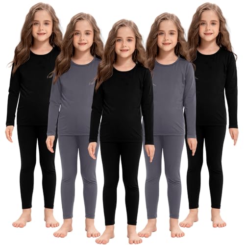Silkfly 5 Set Girls Thermal Underwear Set Fleece Lined Long Winter Underwear Kids Base Layer Thermal Top Bottom Warm
