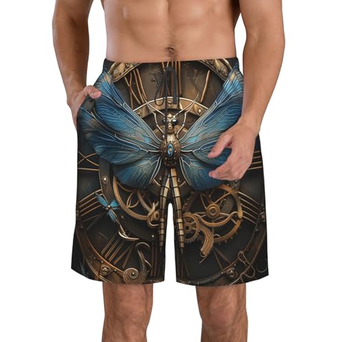 Men's Quick Dry Swim Shorts Dragonfly Steampunk Clock Gears Industrial Aesthetics Beach Trunks with Pockets