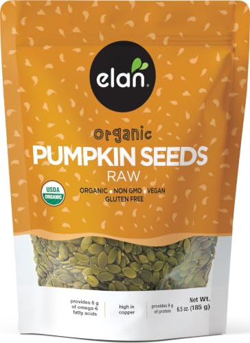 Elan Organic Pumpkin Seeds, 6.5 oz, Unsalted, Unroasted Shelled Kernels, No Shell, Non-GMO, Vegan, Gluten-Free, Kosher, Nutritious Seeds