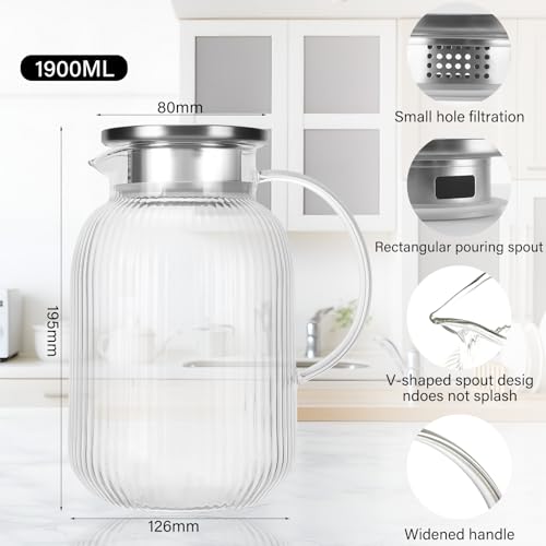 1900 ml Saftkrug, Glaswasserkrug, Teekanne mit Deckel, karaffe glas mit deckel, hitzebeständiger Borosilikatglas-Wasserkrug für Saft, Milchkrug