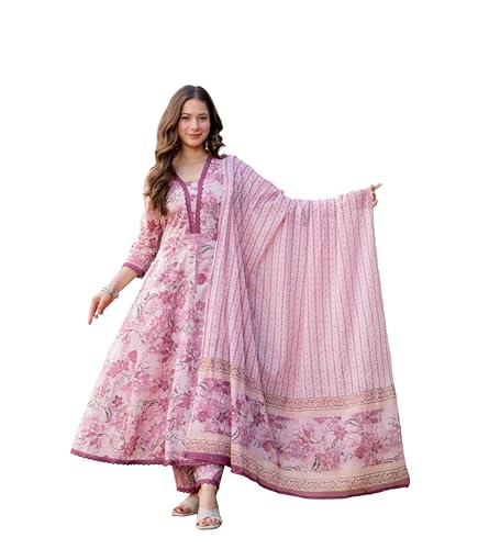 Image of MANHAREE Women's Cotton Anarkali Pink Kurta Pant with Dupatta Set
