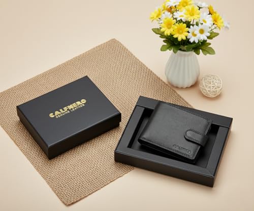 Image of Calfnero Men's Genuine Leather Bifold Wallet-Multiple Card Slots ID Window with Coin Pocket- Leather Wallet(Black)