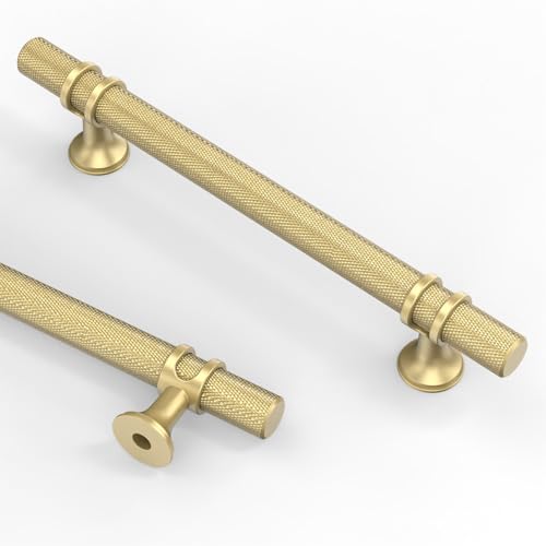 Asidrama 10 Pack 5 Inch(128mm) Knurled Brushed Gold Kitchen Cabinet Handles, Cabinet Pulls Kitchen Cabinet Hardware Cupboard Handles Drawer Pulls