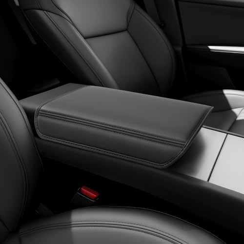 QINQINTU for Tesla Model Y Juniper(2025-2026) & Model 3(2024-2026) Leather Center Console Cover [Soft Touch & Match Seat Color] Armrest Cover for Tesla Model 3 & Model Y Juniper Accessories Black